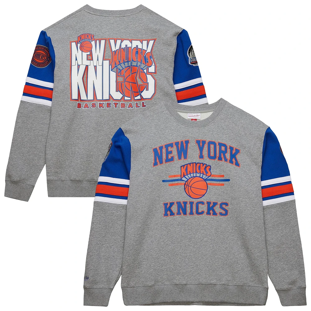 Men's Mitchell & Ness Heather Gray New York Knicks Hardwood Classics All Over 4.0 Pullover Sweatshirt