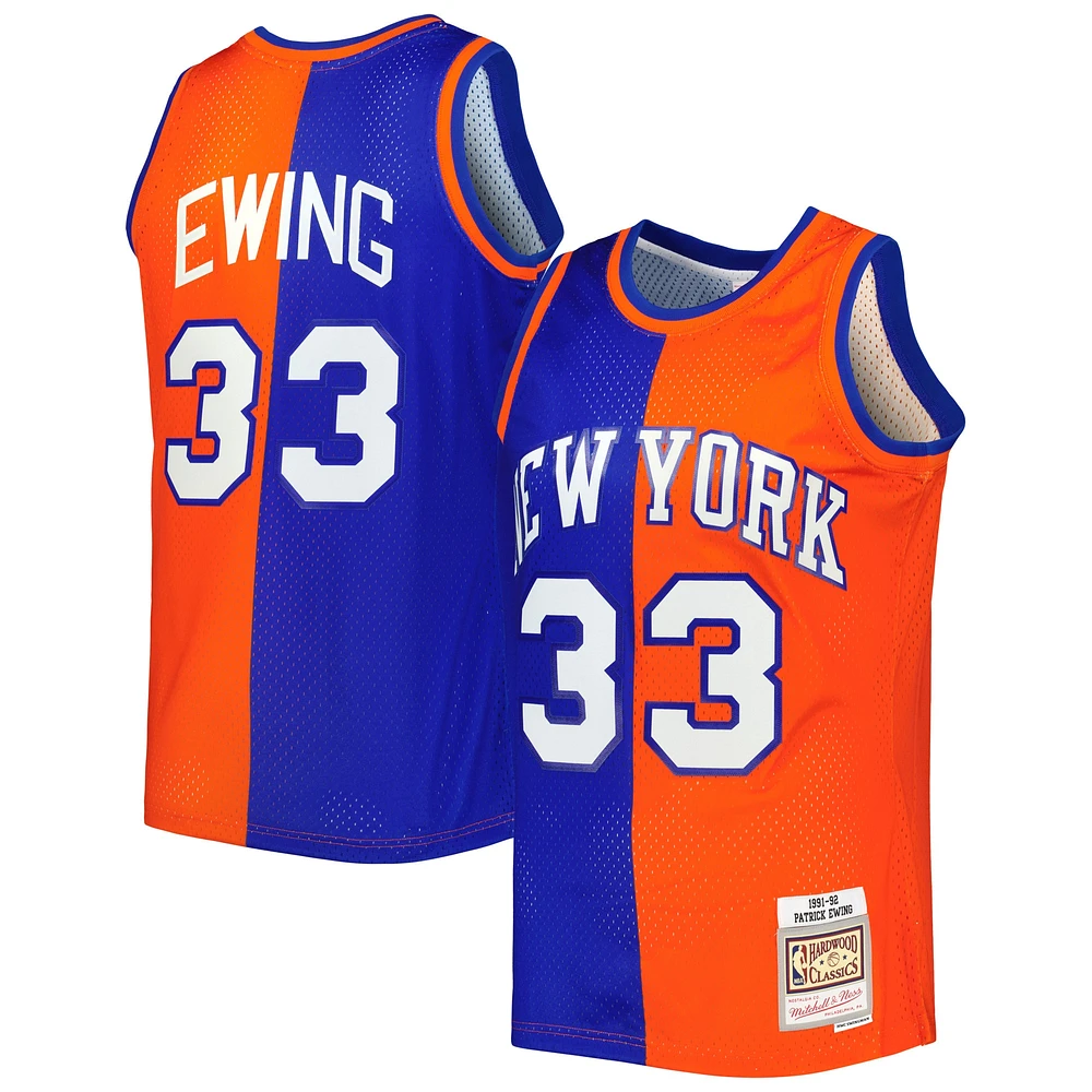 Maillot Mitchell & Ness Patrick Ewing bleu/orange pour homme New York Knicks Hardwood Classics 1991/92 Split Swingman