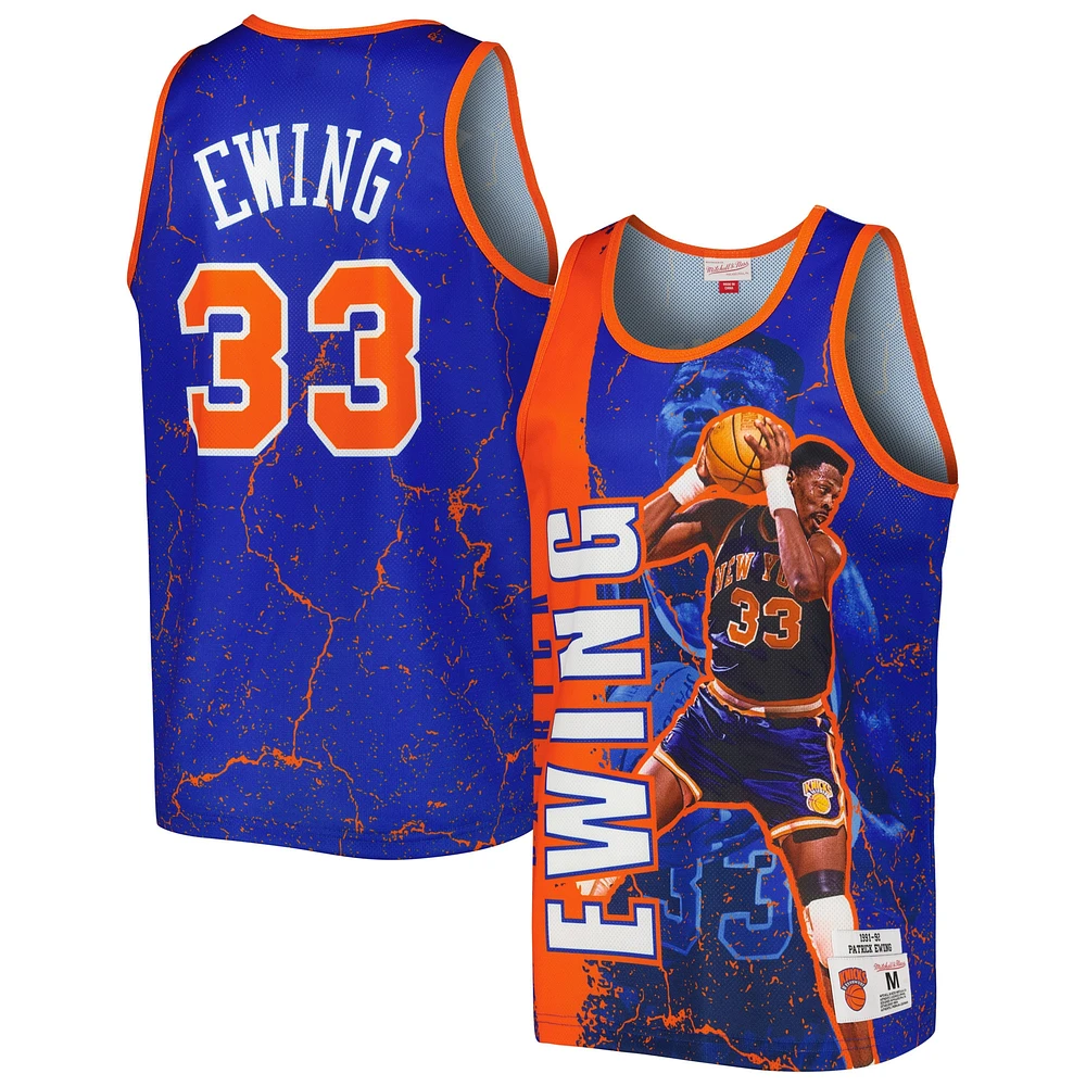 Débardeur pour homme Mitchell & Ness Patrick Ewing Blue New York Knicks 1991-92 Hardwood Classics Player Burst