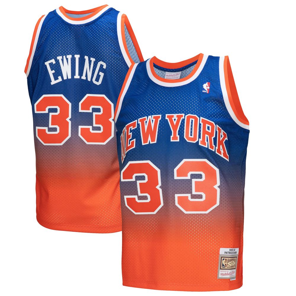 Men's Mitchell & Ness Patrick Ewing Orange/Royal New York Knicks 1991/92 Hardwood Classics Fadeaway Swingman Player Jersey