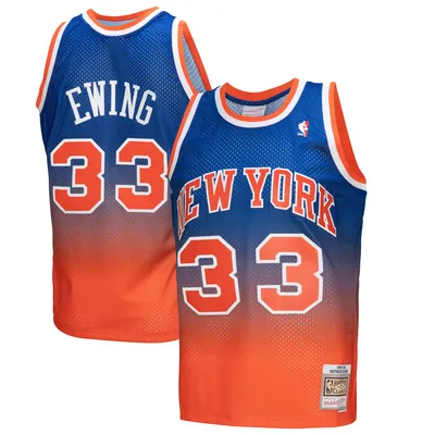 Maillot de joueur Mitchell & Ness Patrick Ewing Orange/Royal New York Knicks 1991/92 Hardwood Classics Fadeaway Swingman pour hommes