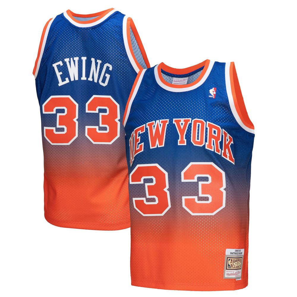 Men's Mitchell & Ness Patrick Ewing Royal/Orange New York Knicks - 1991/92  Fadeaway Swingman Player Jersey