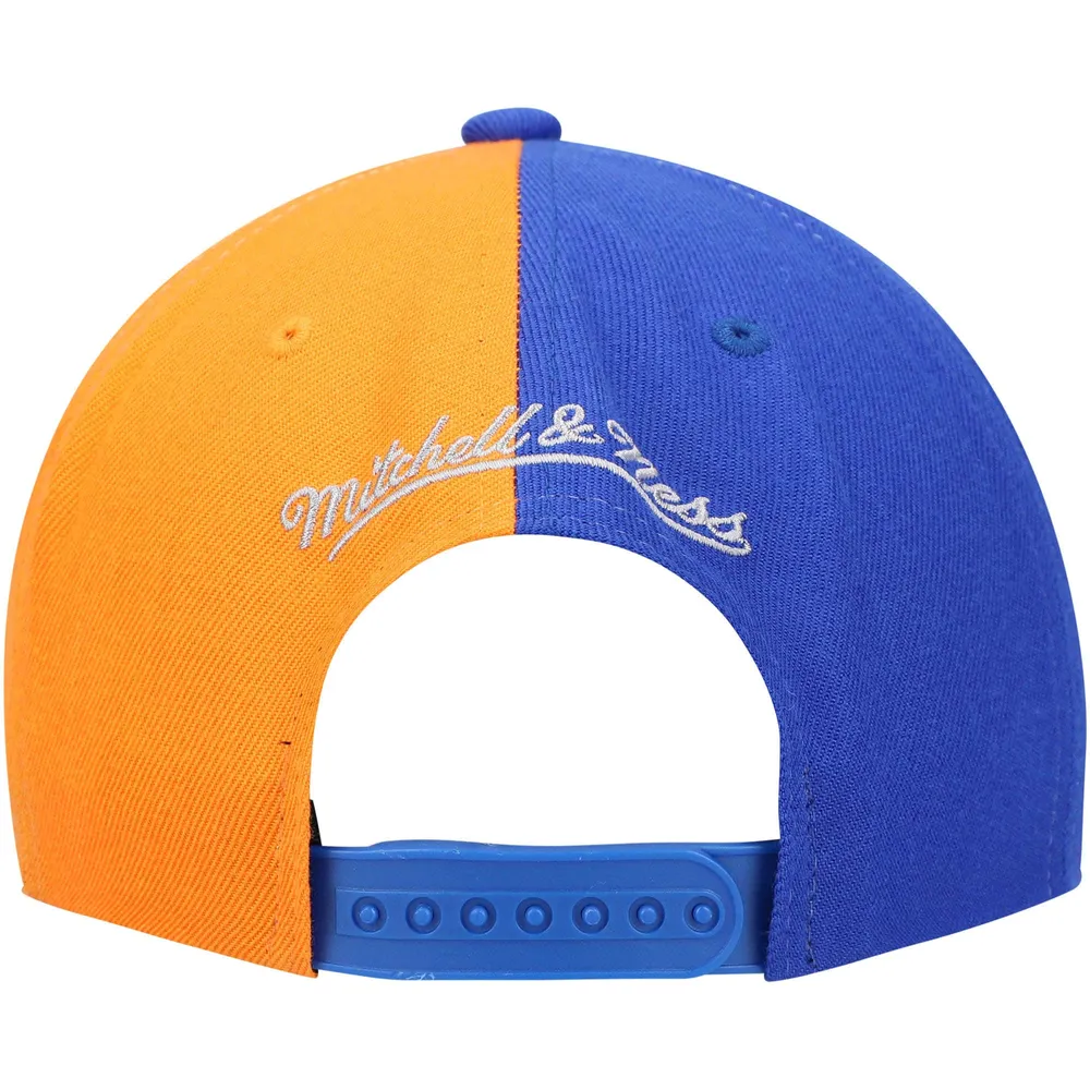 Men's Mitchell & Ness Royal/Orange New York Knicks Half and Half Snapback  Hat