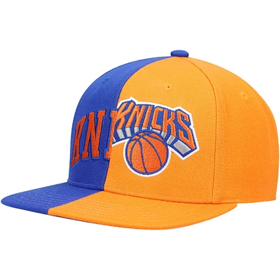 Casquette Snapback moitié-moitié Mitchell & Ness Royal/Orange New York Knicks pour hommes