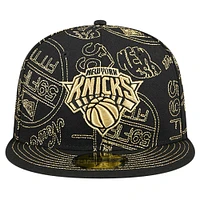 Men's New Era Black York Knicks 59FIFTY Day Allover Print Stencil Fitted Hat