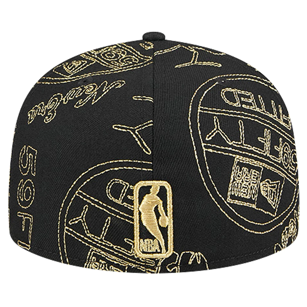 Men's New Era Black York Knicks 59FIFTY Day Allover Print Stencil Fitted Hat