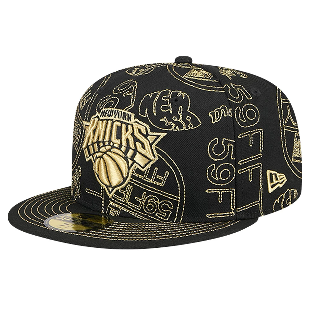 Men's New Era Black York Knicks 59FIFTY Day Allover Print Stencil Fitted Hat