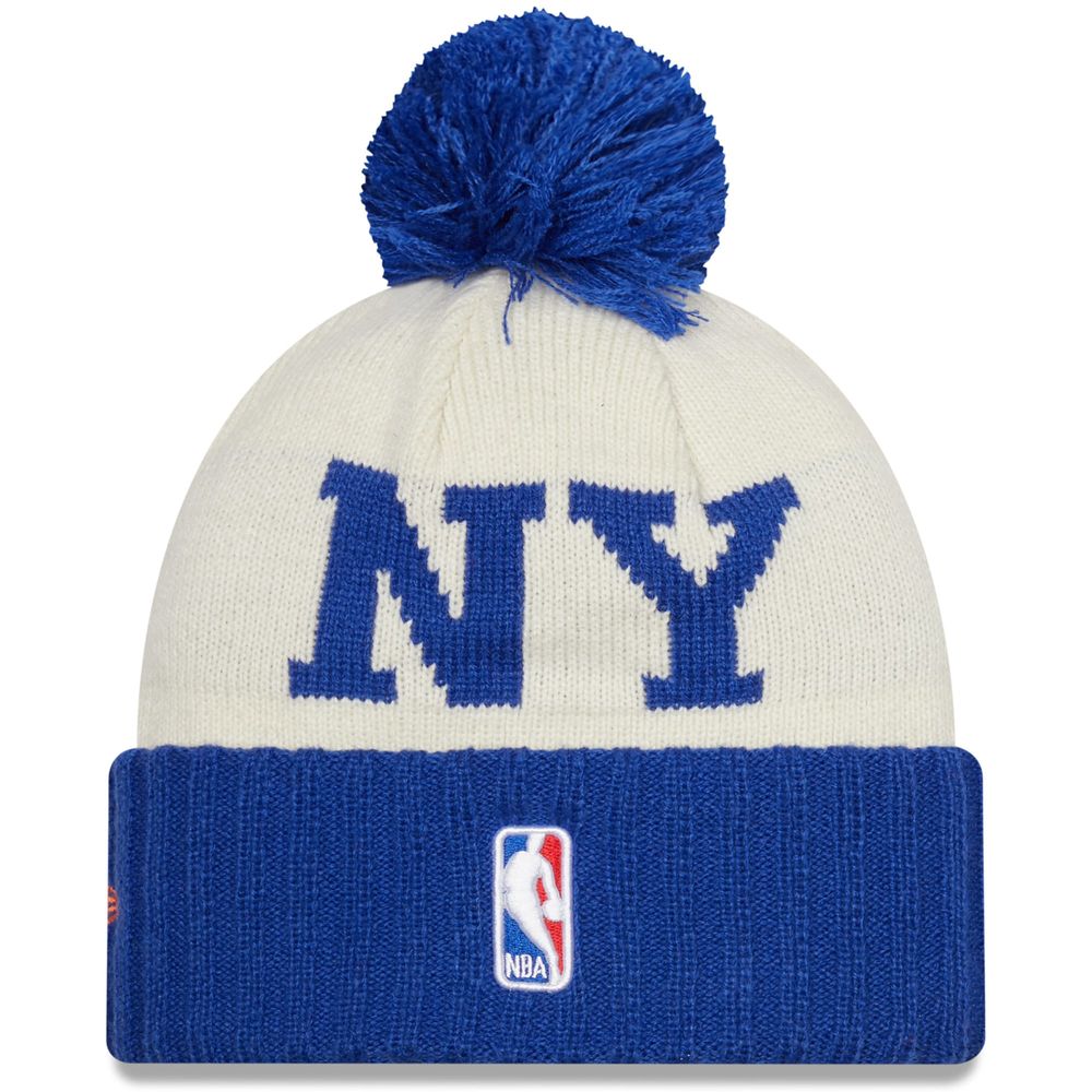 Men's New Era Blue/Cream New York Knicks 2022 NBA Draft - Cuffed Knit Hat with Pom