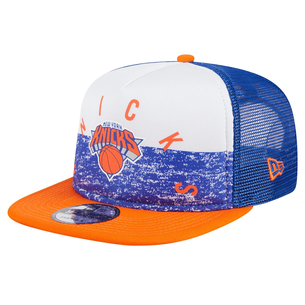 Men's New Era Blue New York Knicks Arch A-Frame Trucker 9FIFTY Snapback Hat