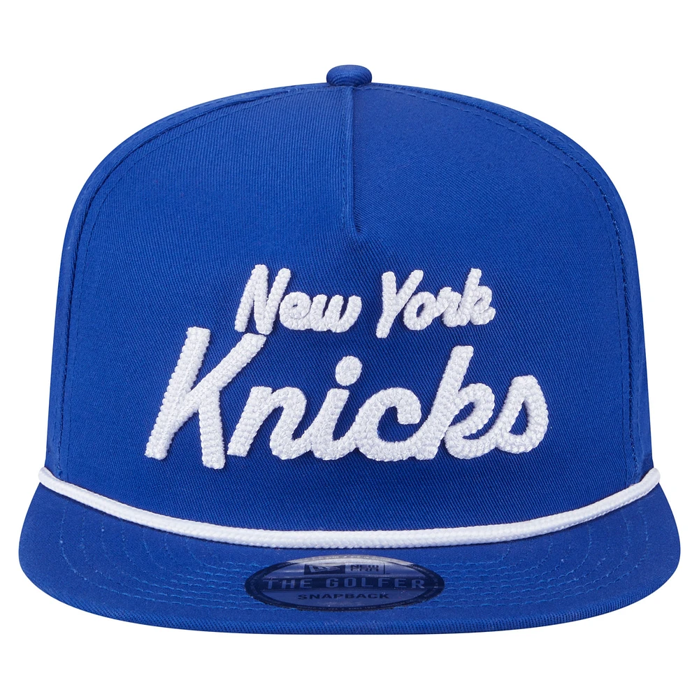 Men's New Era Blue New York Knicks Team Text Golfer Snapback Hat
