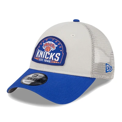 Men's New Era Khaki/Blue New York Knicks Throwback Patch Trucker 9FORTY Adjustable Hat