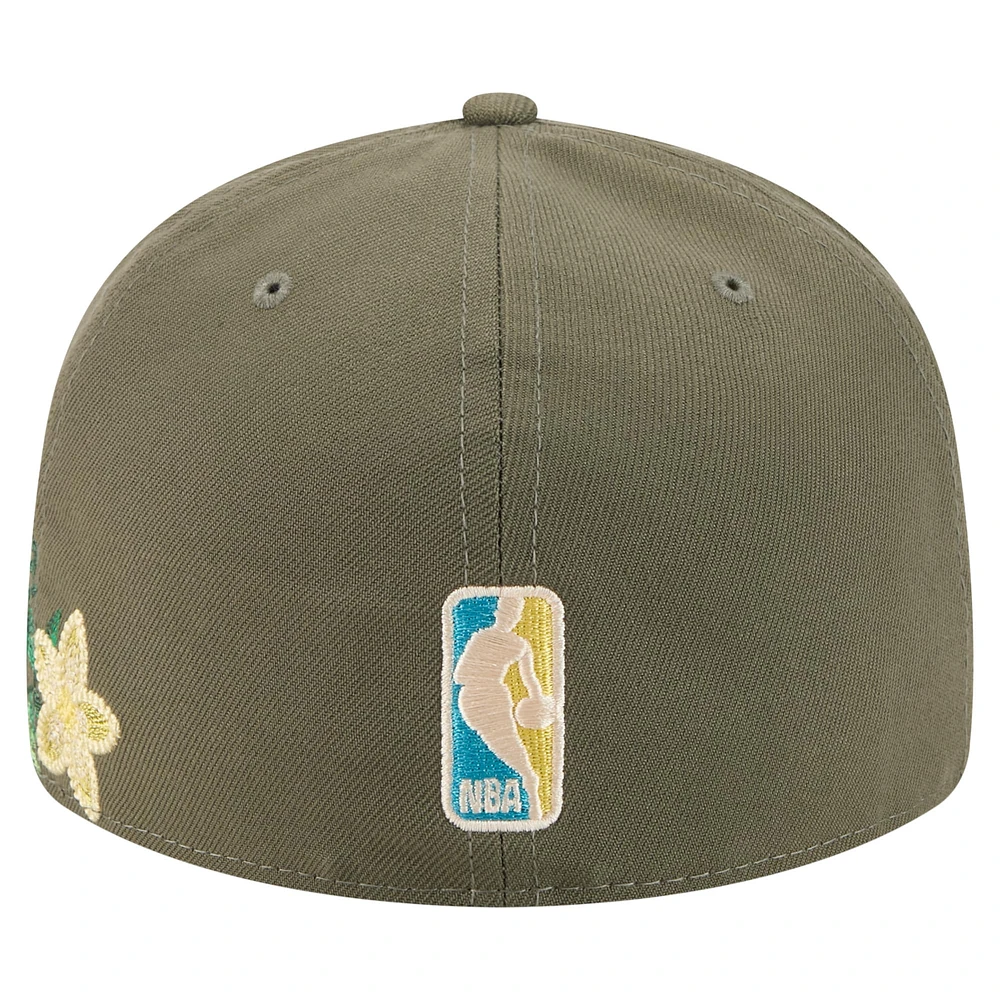 Men's New Era Olive York Knicks Tonal Florals 59FIFTY Fitted Hat
