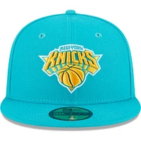 Men's New Era Turquoise York Knicks 2-Time Champions Breeze Grilled Yellow Undervisor 59FIFTY Fitted Hat