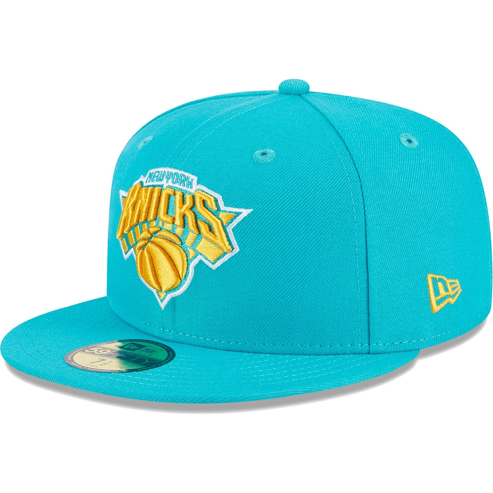 Men's New Era Turquoise York Knicks 2-Time Champions Breeze Grilled Yellow Undervisor 59FIFTY Fitted Hat