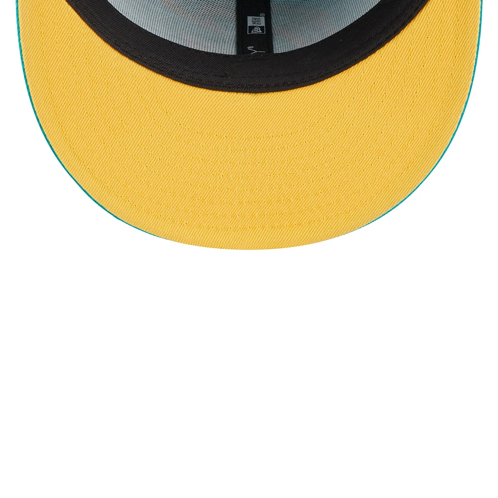 Men's New Era Turquoise York Knicks 2-Time Champions Breeze Grilled Yellow Undervisor 59FIFTY Fitted Hat