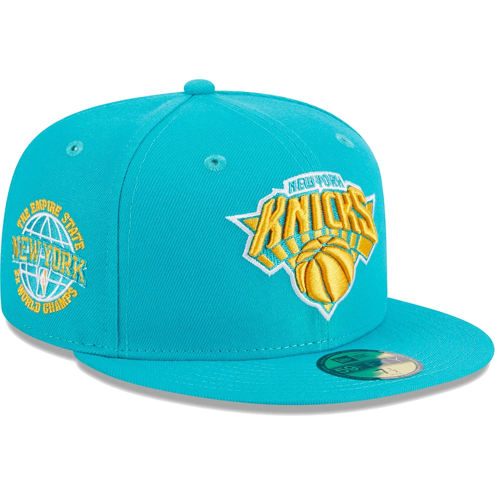 Men's New Era Turquoise York Knicks 2-Time Champions Breeze Grilled Yellow Undervisor 59FIFTY Fitted Hat