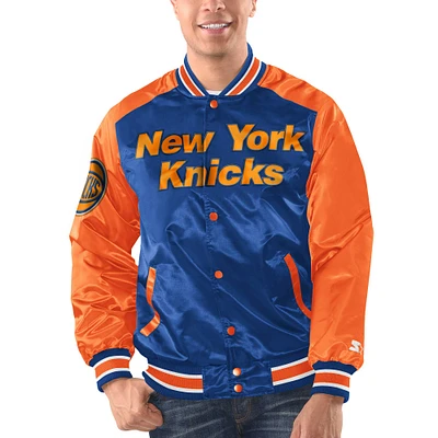 Veste universitaire à bouton-pression en satin Renegade des New York Knicks Starter bleu/orange pour hommes