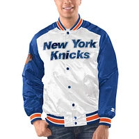 Veste universitaire à bouton-pression en satin Renegade des New York Knicks Starter blanc/bleu pour hommes