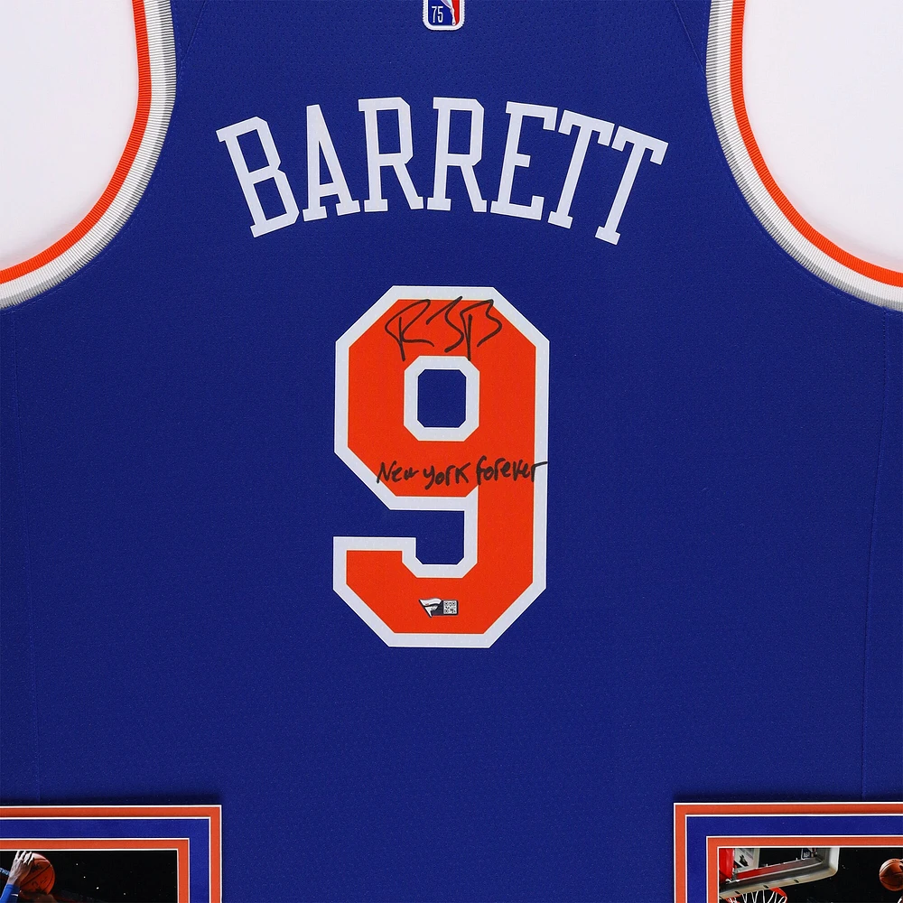 RJ Barrett New York Knicks Autographed SM Deluxe Framed Blue Nike Diamond Edition Swingman Jersey with "New York Forever" Inscription
