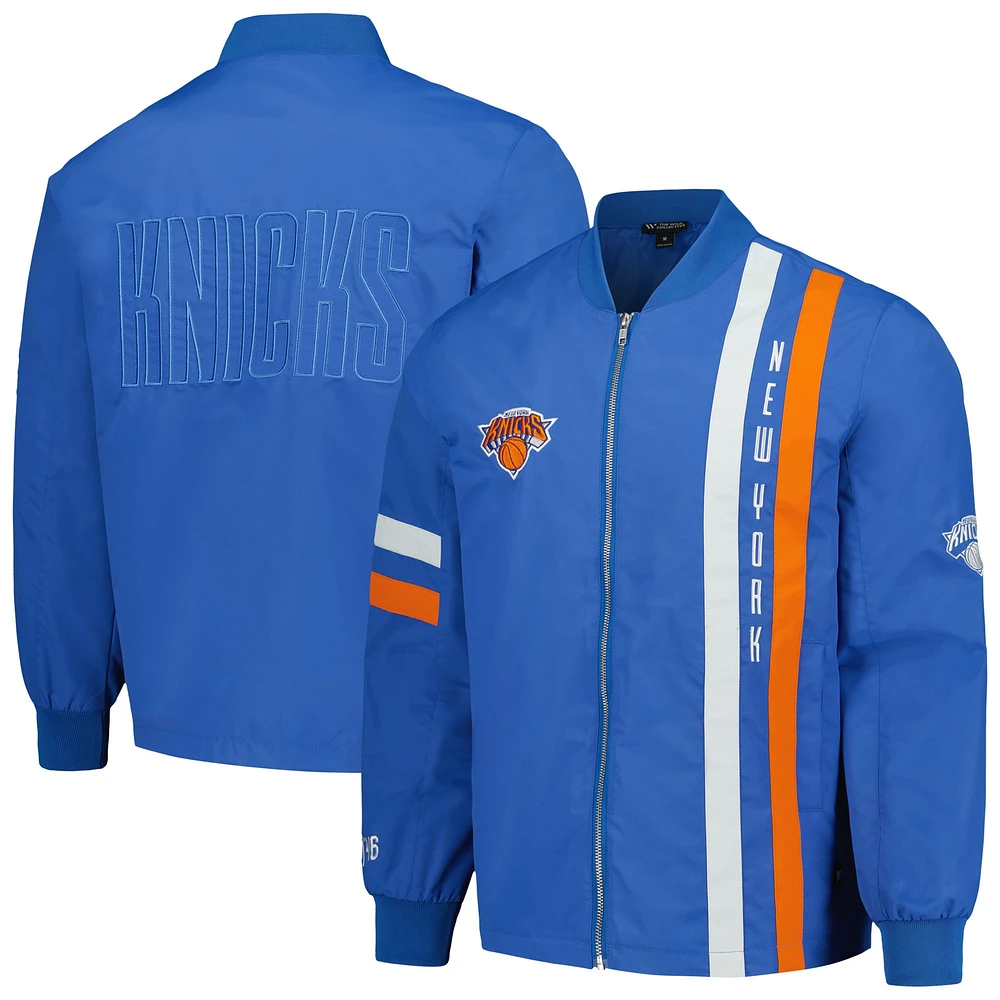 Blouson aviateur unisexe The Wild Collective bleu New York Knicks Stitch Applique entièrement zippé