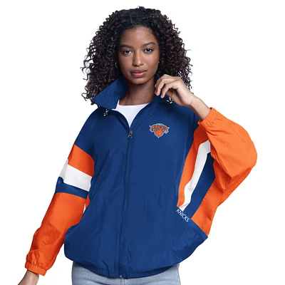 Veste à capuche surdimensionnée entièrement zippée G-III Sports by Carl Banks bleu/orange pour femme New York Knicks Game News