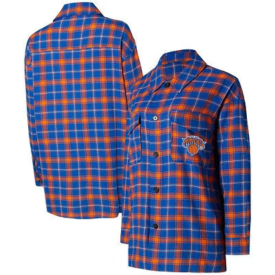 Chemise de nuit boutonnée College Concepts pour femmes, bleu/orange, New York Knicks Boyfriend