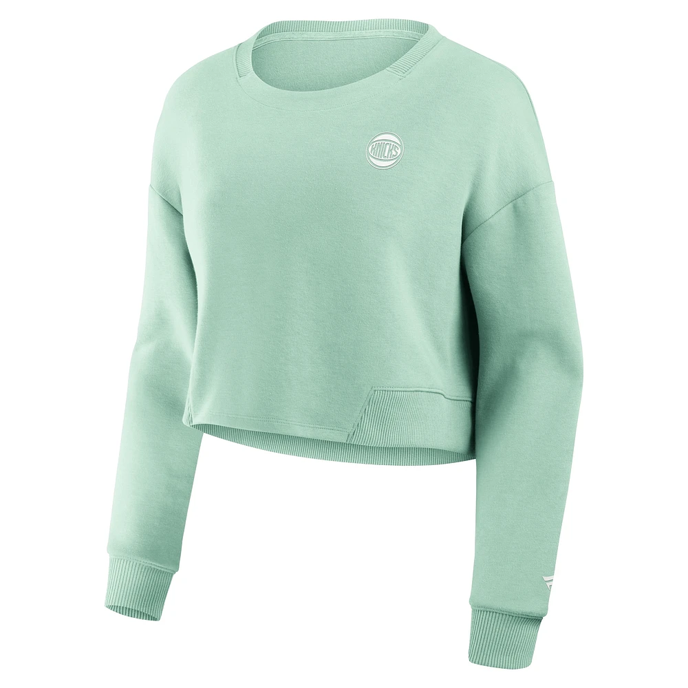 Women's Fanatics Mint New York Knicks Studio Tri-Blend Cropped Pullover Sweatshirt