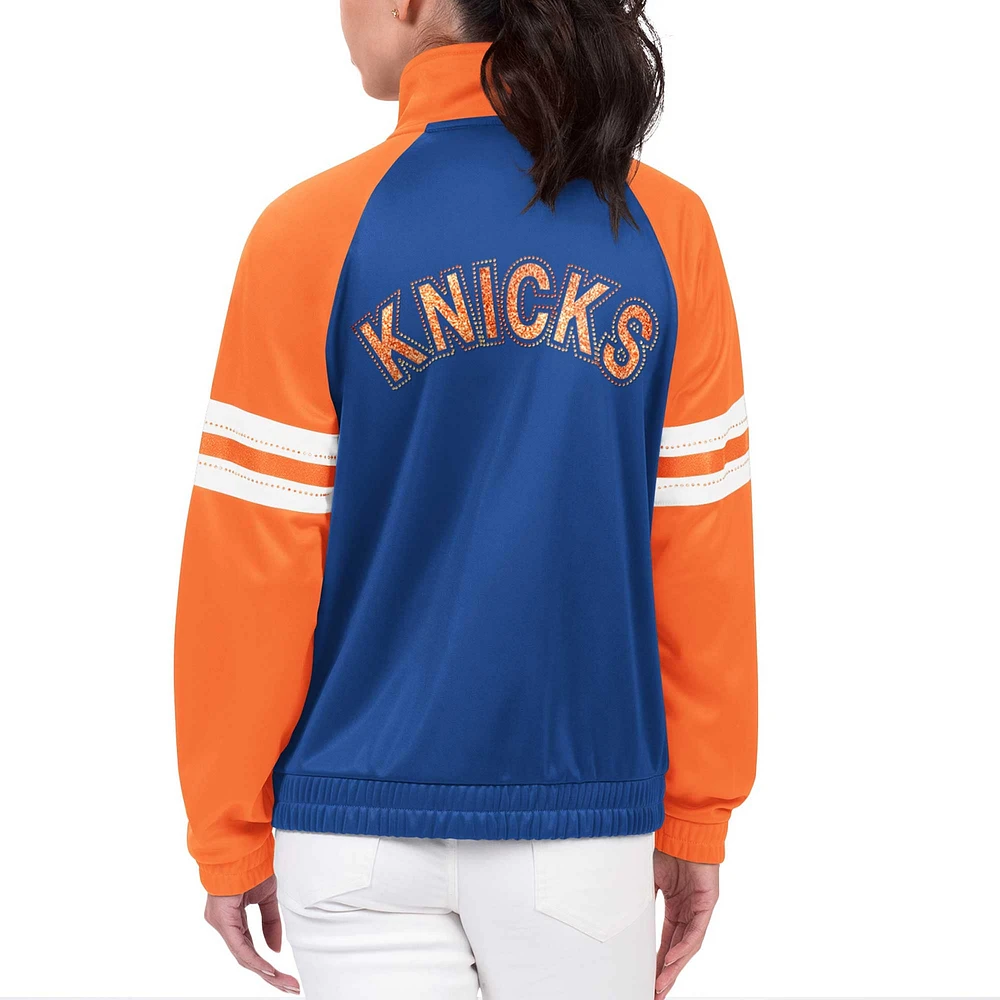 Veste de survêtement entièrement zippée G-III 4Her par Carl Banks pour femmes, bleue, New York Knicks, joueur principal, raglan et strass