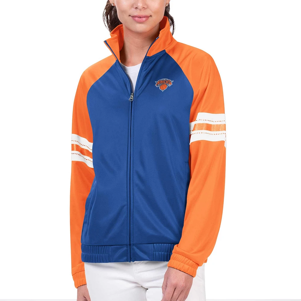 Veste de survêtement entièrement zippée G-III 4Her par Carl Banks pour femmes, bleue, New York Knicks, joueur principal, raglan et strass