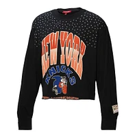 Women's Mitchell & Ness  Black New York Knicks Hardwood Classics Studded Boxy Cropped Long Sleeve T-Shirt