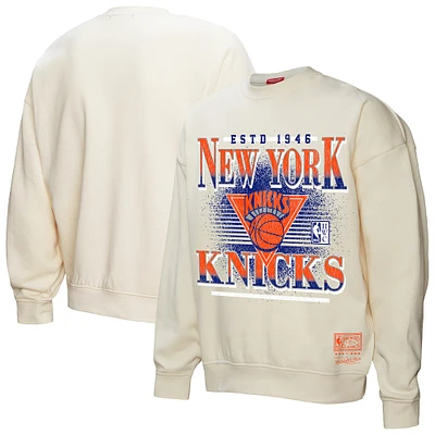 Sweat-shirt à capuche oversprayé pour femme Mitchell & Ness crème New York Knicks