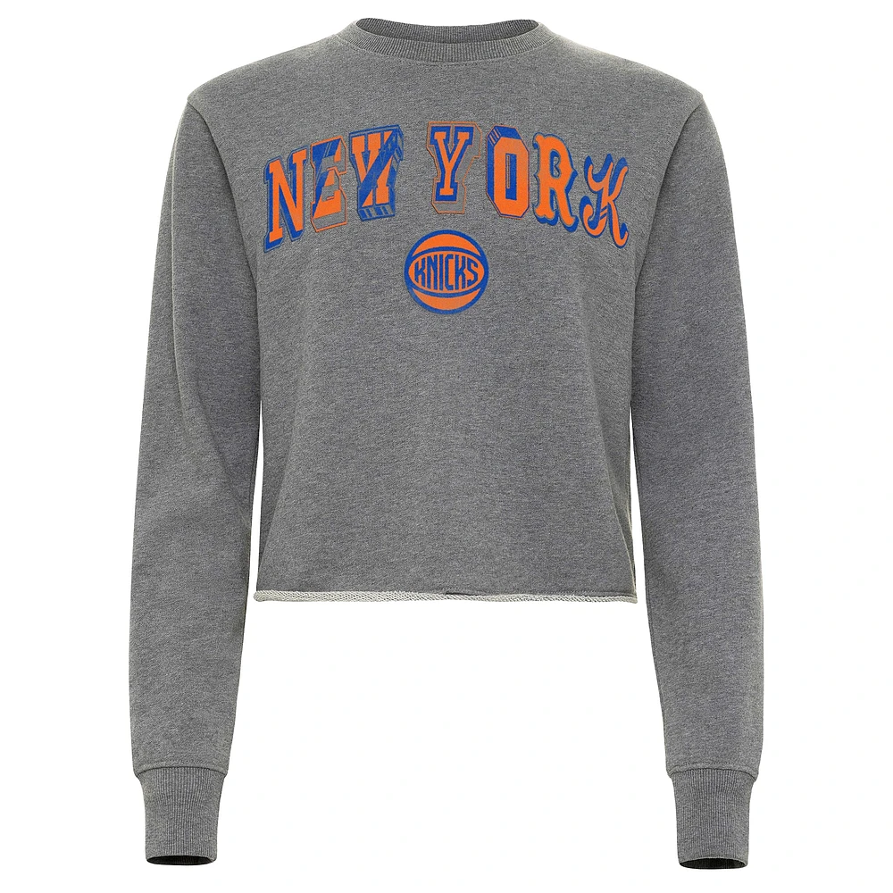 Women's Sportiqe  Heather Gray New York Knicks Varsity Collection Kacey Cropped Pullover Sweatshirt