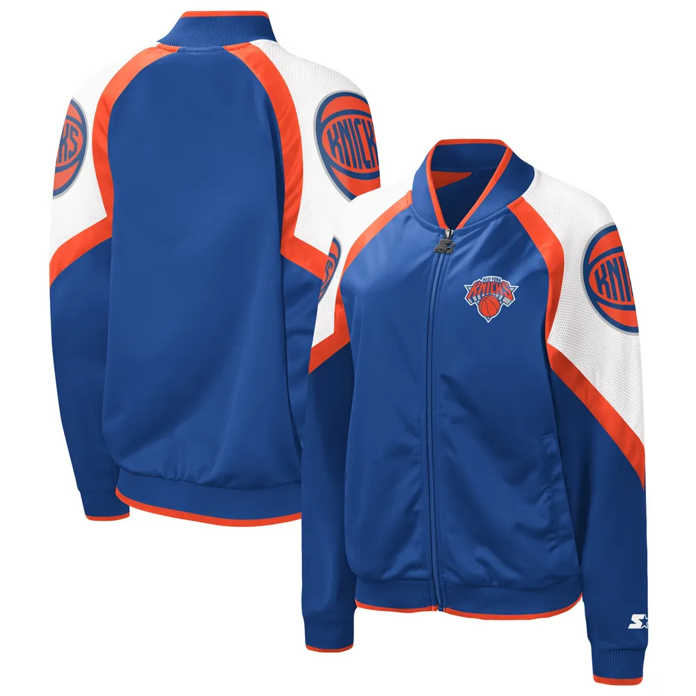 Women's Starter Blue/Orange New York Knicks Split Colorblock Satin Full-Snap Varsity Jacket Size: Large