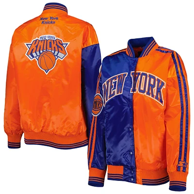 Veste universitaire à boutons-pression en satin blocs de couleurs des New York Knicks Starter bleu/orange pour femme