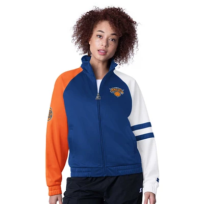 Women's Starter Blue New York Knicks Line Up Dolman Raglan Full-Zip Track Jacket