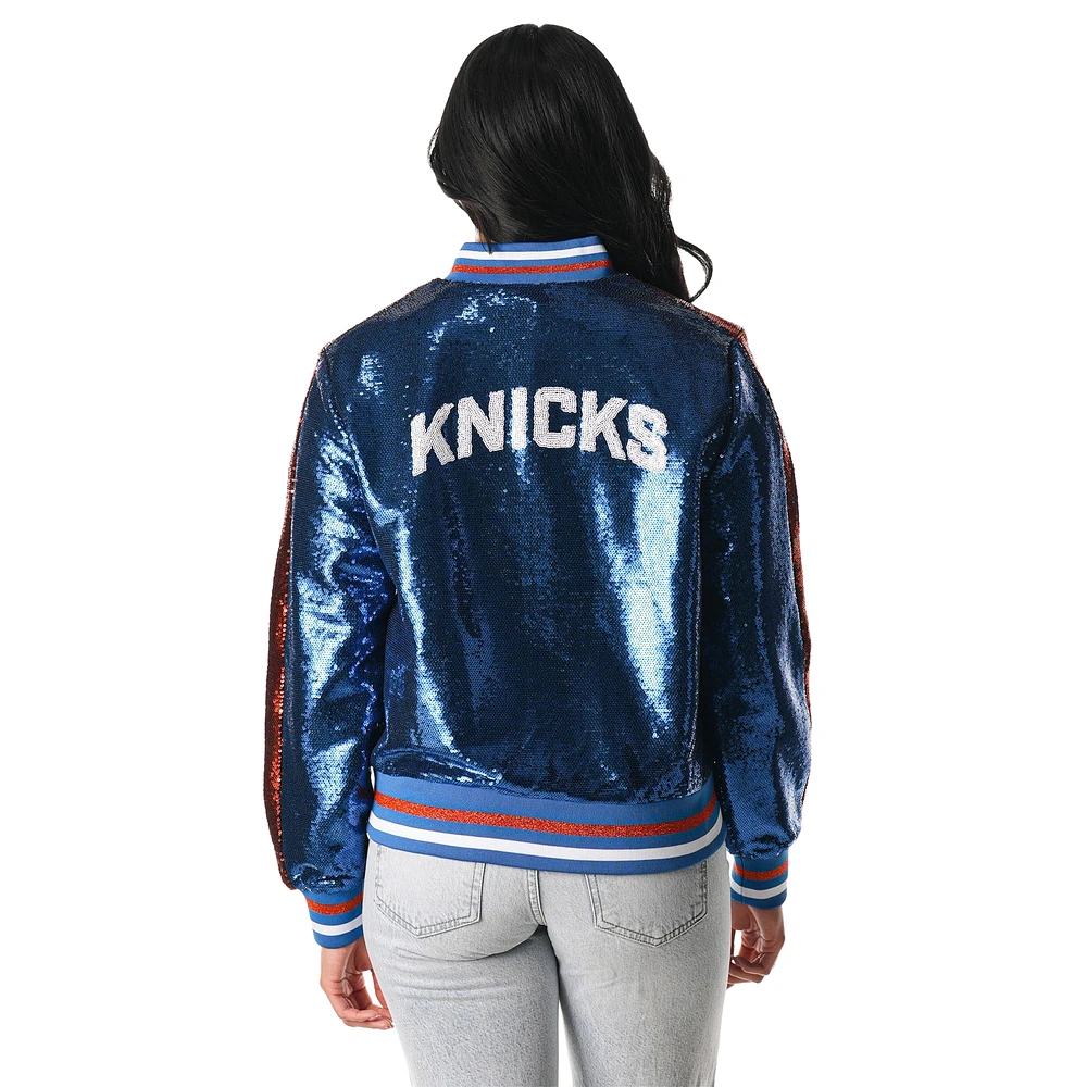 Blouson aviateur à paillettes bleu New York Knicks The Wild Collective entièrement zippé pour femme