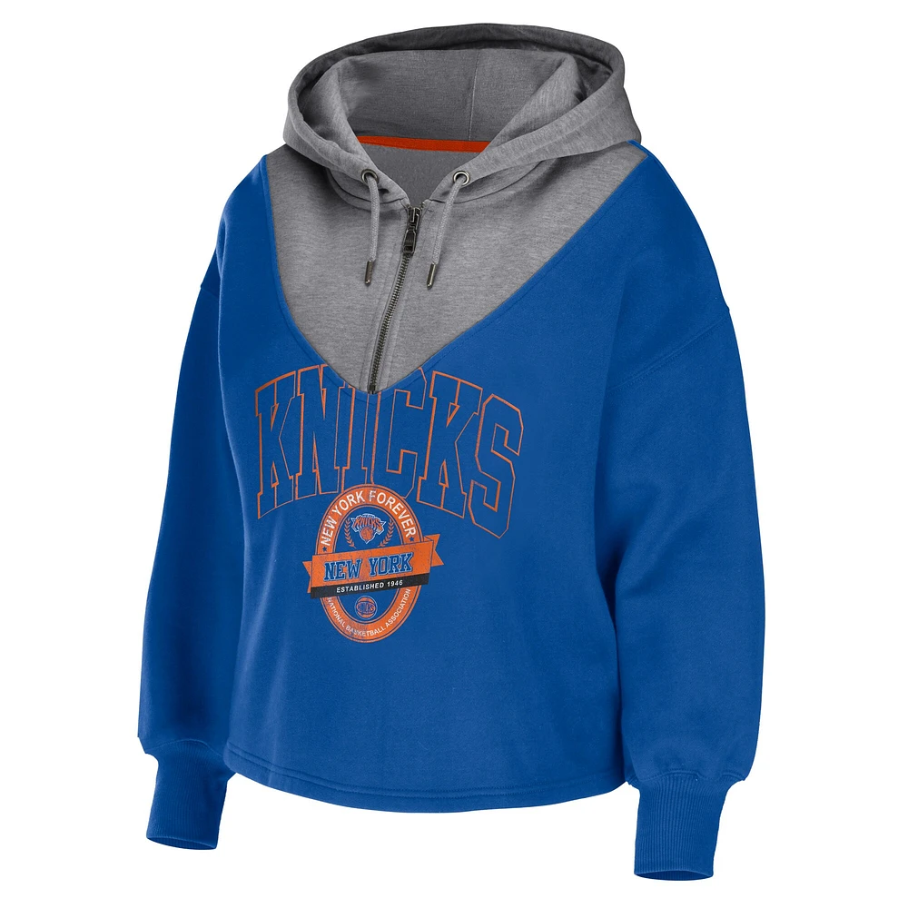 Women's WEAR by Erin Andrews Blue New York Knicks Pieced Quarter-Zip Hoodie Jacket