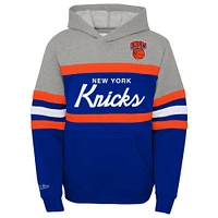 Youth Mitchell & Ness Blue/Heather Gray New York Knicks Hardwood Classics Head Coach Pullover Hoodie