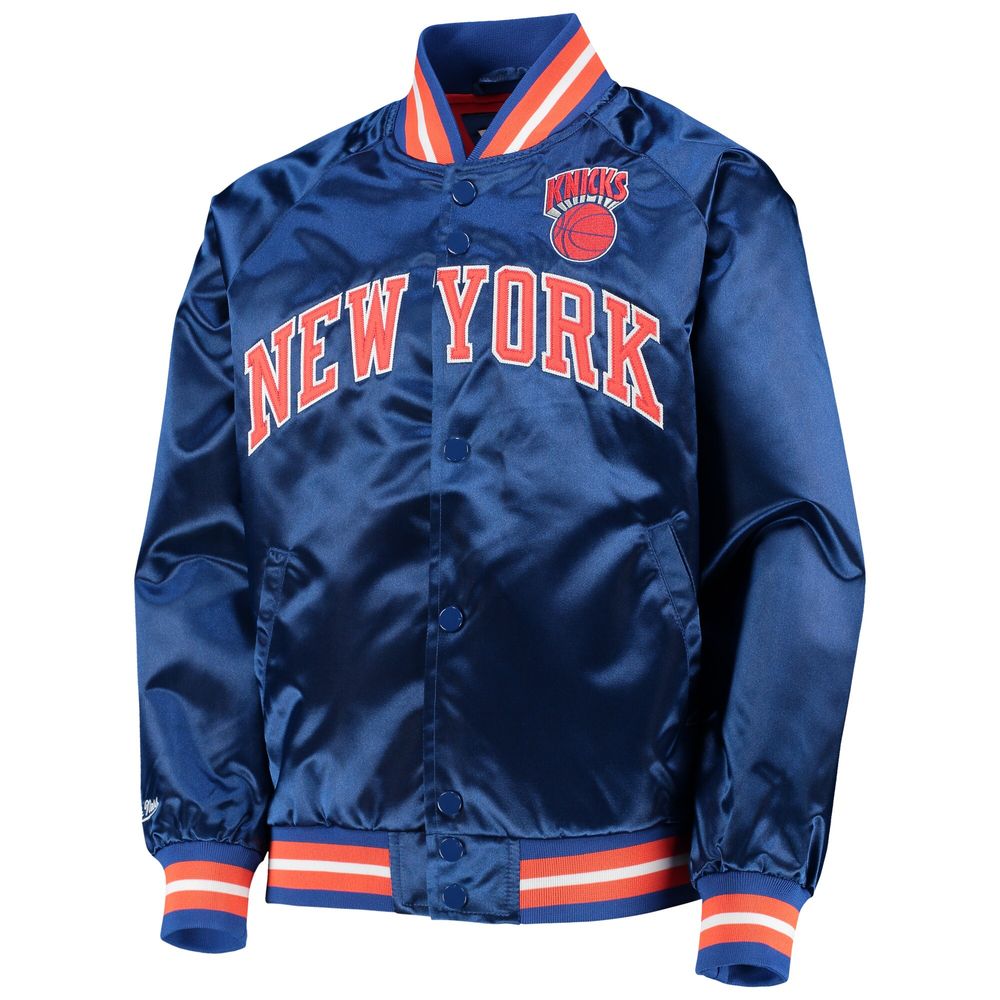 Youth Mitchell & Ness Blue New York Knicks Hardwood Classics Satin Raglan Full-Snap Jacket