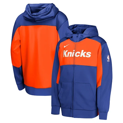 Sweat à capuche entièrement zippé Nike New York Knicks Authentic On-Court Showtime Performance bleu/orange pour jeune