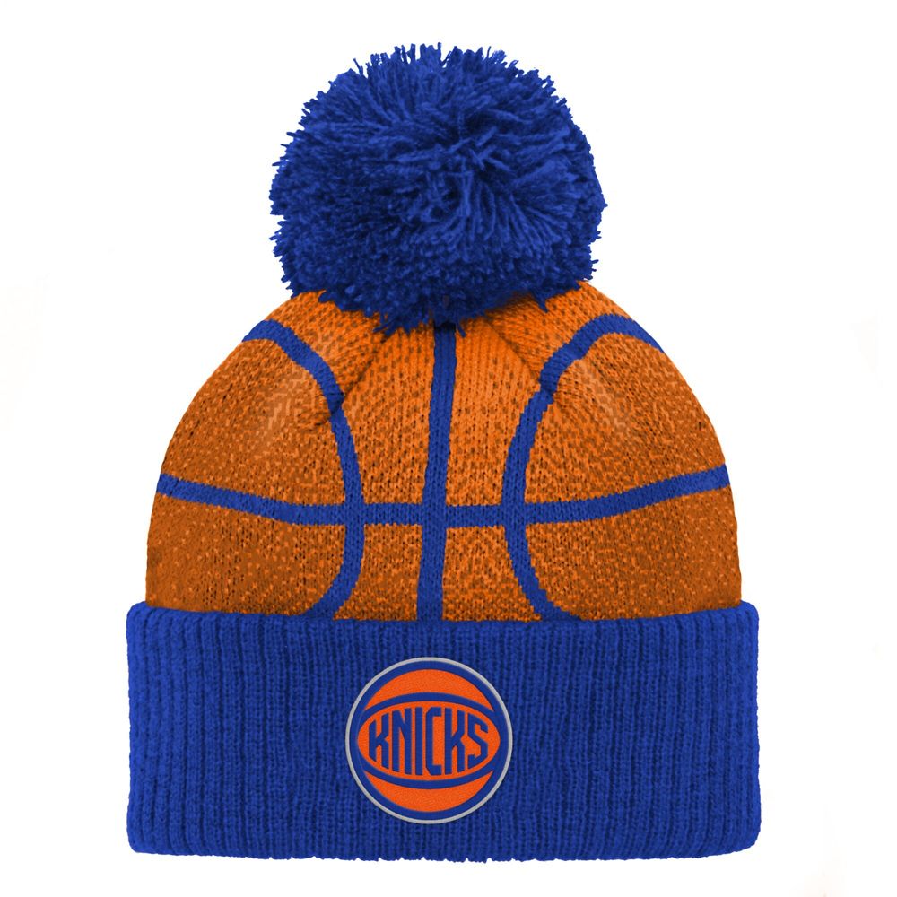 Youth Orange/Blue New York Knicks Basketball Head - Cuffed Knit Hat with Pom