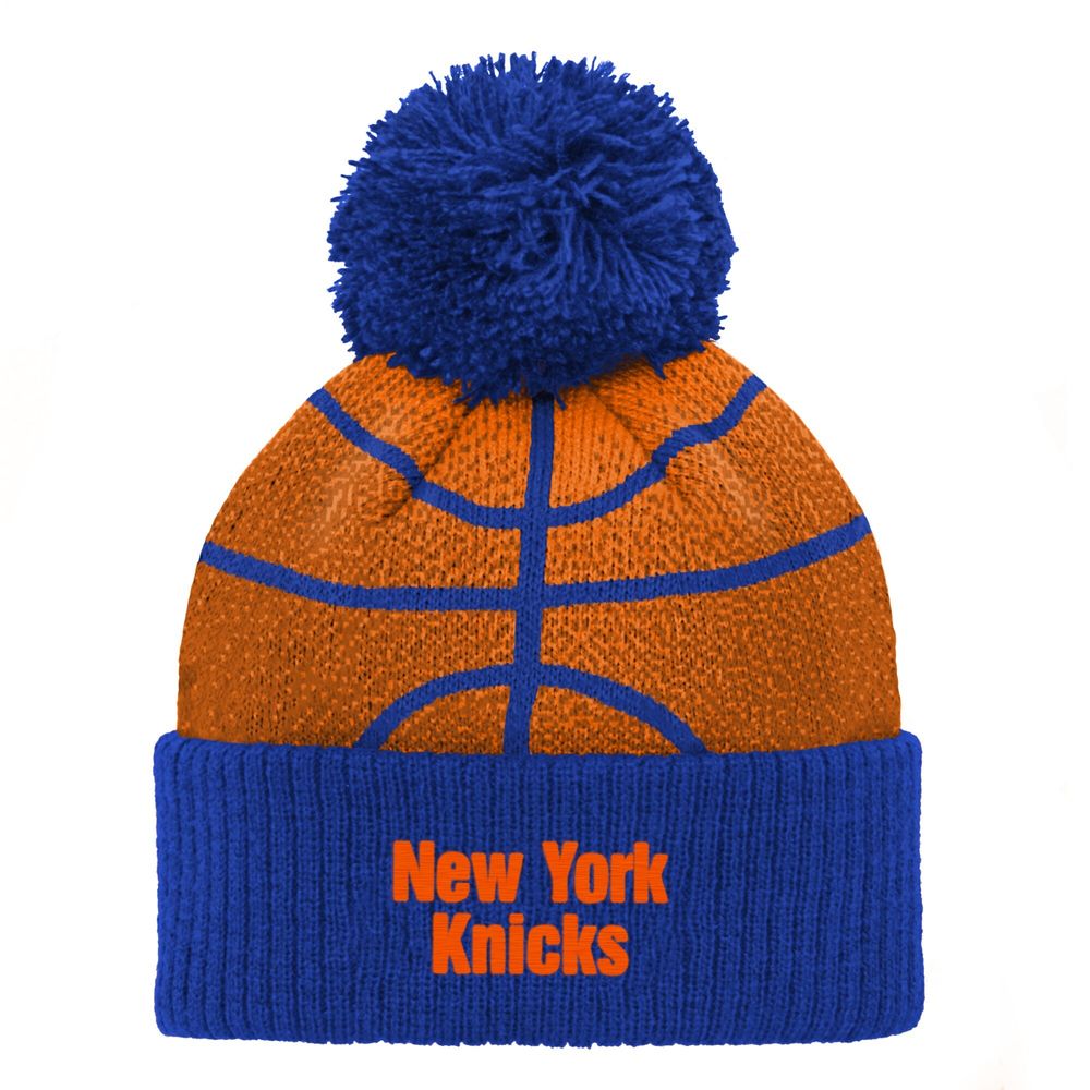 Youth Orange/Blue New York Knicks Basketball Head - Cuffed Knit Hat with Pom