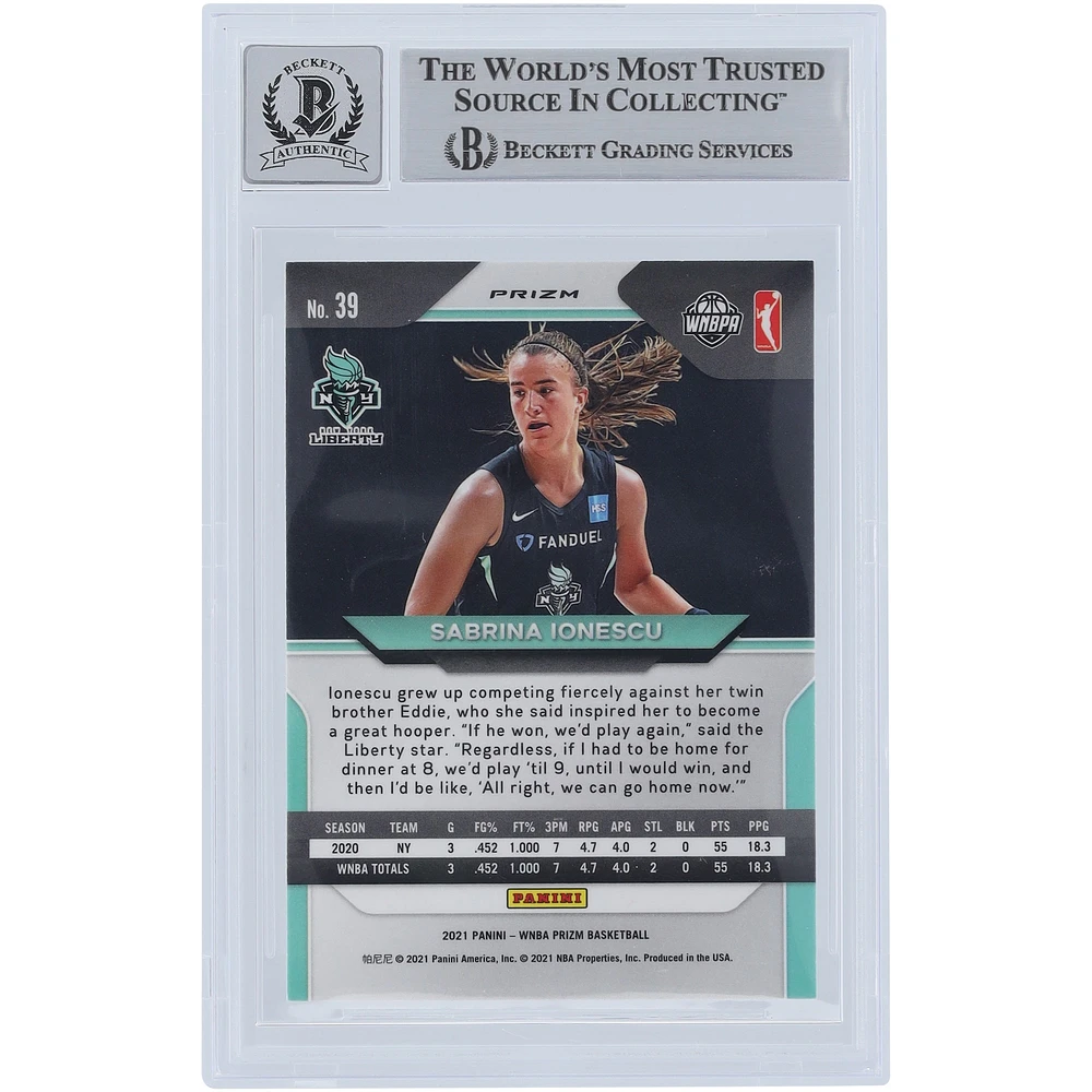 Sabrina Ionescu New York Liberty Autographed 2021 Panini Prizm WNBA Silver Prizm #39 Beckett Fanatics Witnessed Authenticated 9/10 Card
