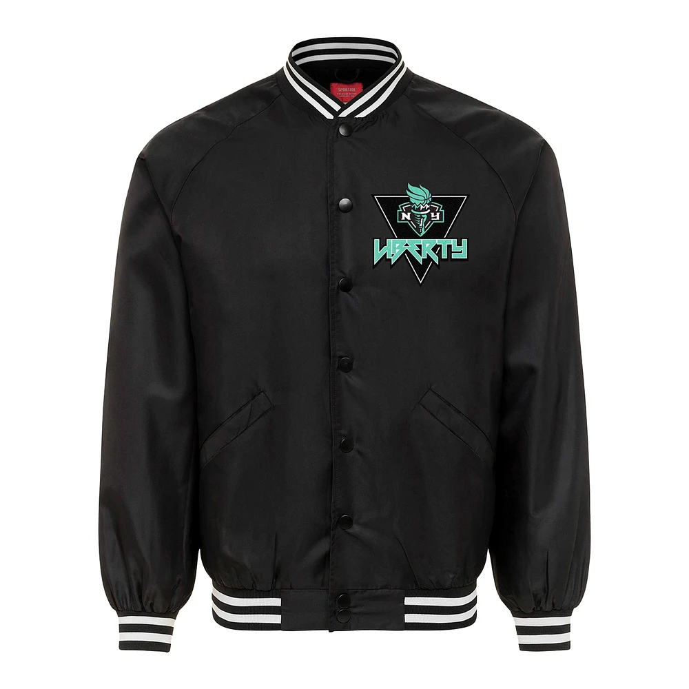 Blouson aviateur unisexe Sportiqe noir New York Liberty Rock & Roll Collection Ringo Satin Raglan à boutons-pression