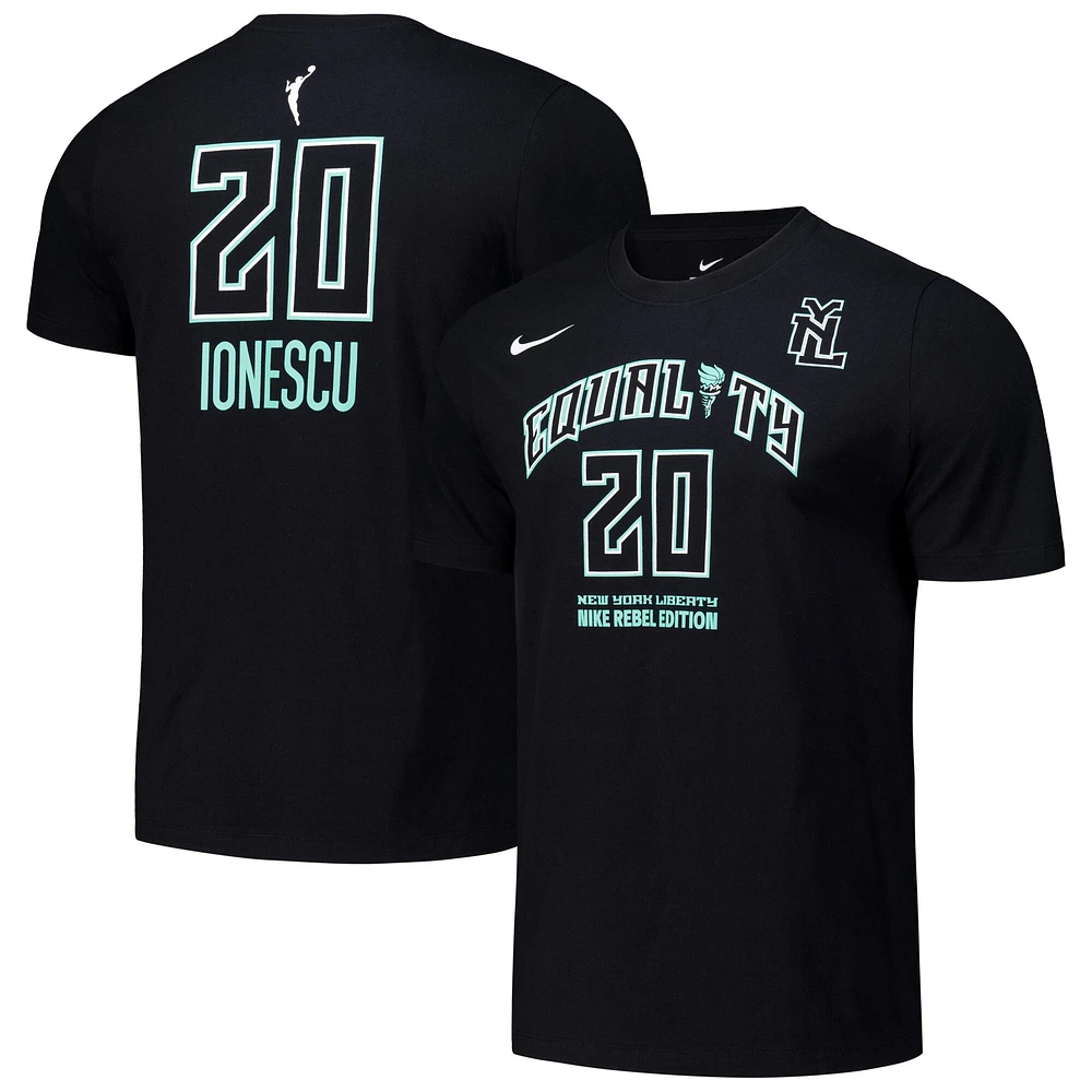 T-shirt unisexe avec nom et numéro Nike Sabrina Ionescu noir New York Liberty Rebel Edition
