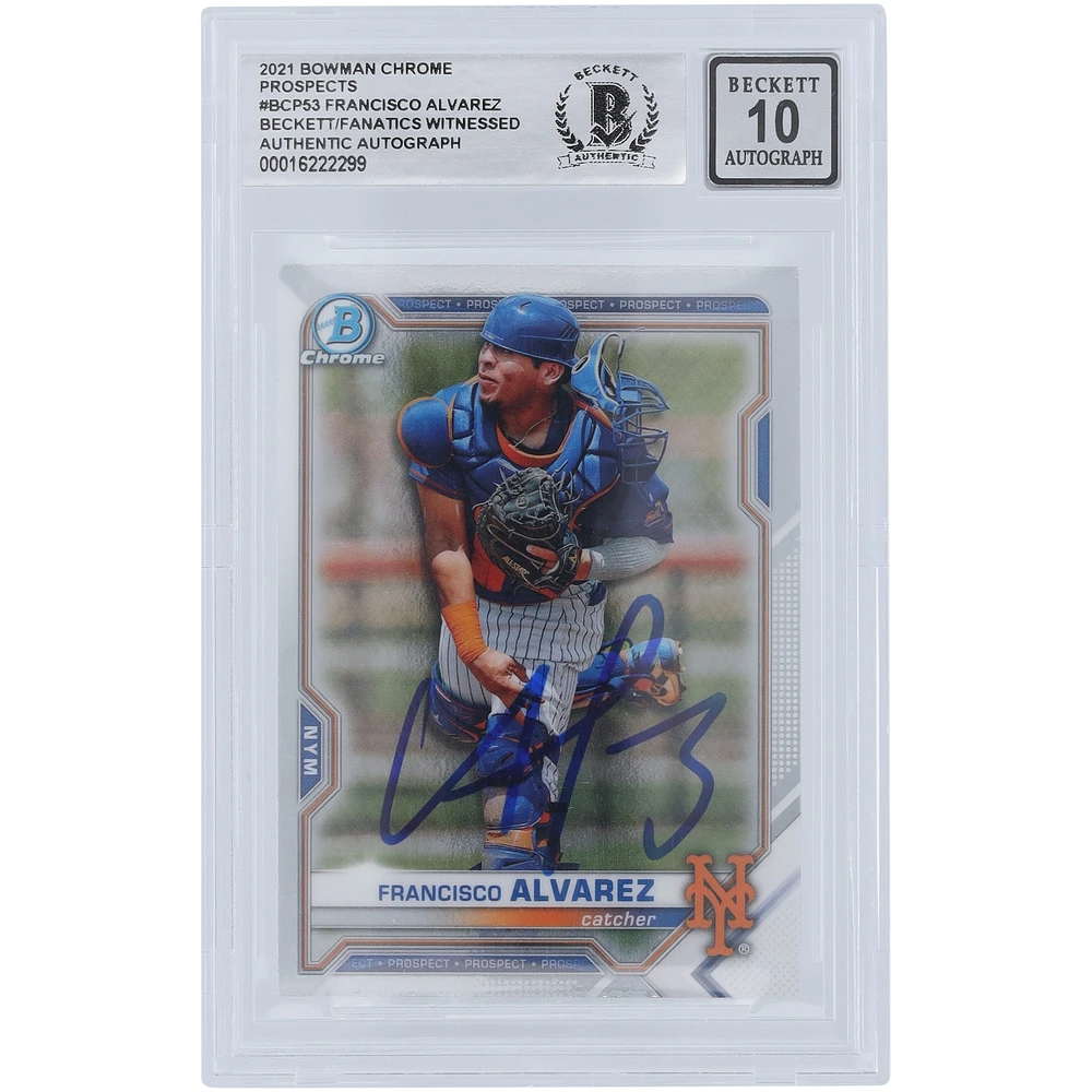 Francisco Alvarez New York Mets Autographed 2021 Bowman Chrome Prospects #BCP-53 Beckett Fanatics Witnessed Authenticated 10 Card