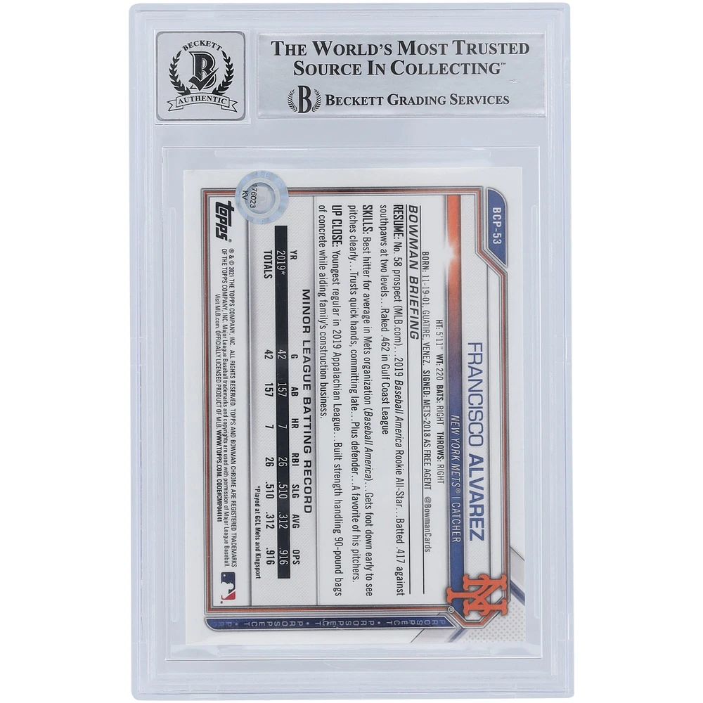 Francisco Alvarez New York Mets Autographed 2021 Bowman Chrome Prospects #BCP-53 Beckett Fanatics Witnessed Authenticated 10 Card