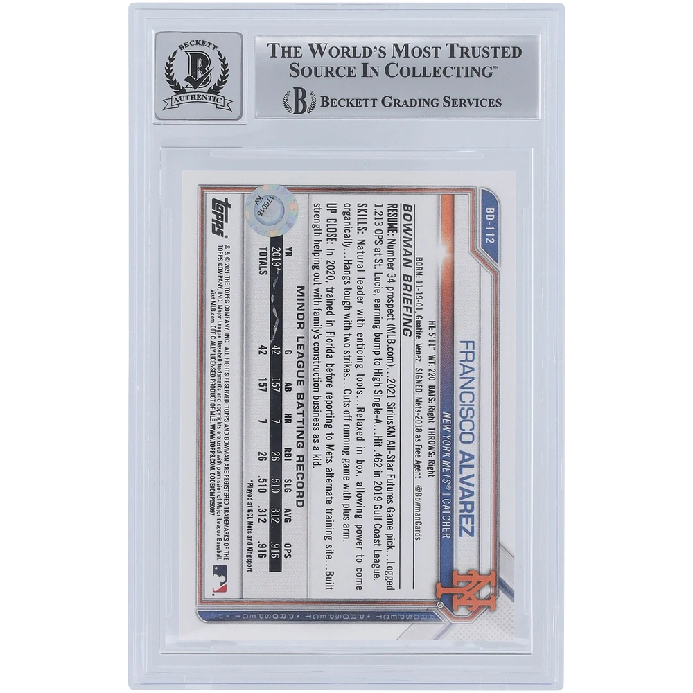 Francisco Alvarez New York Mets Autographed 2021 Bowman Draft 1st Edition #BD-112 Beckett Fanatics Witnessed Authenticated 10 Card
