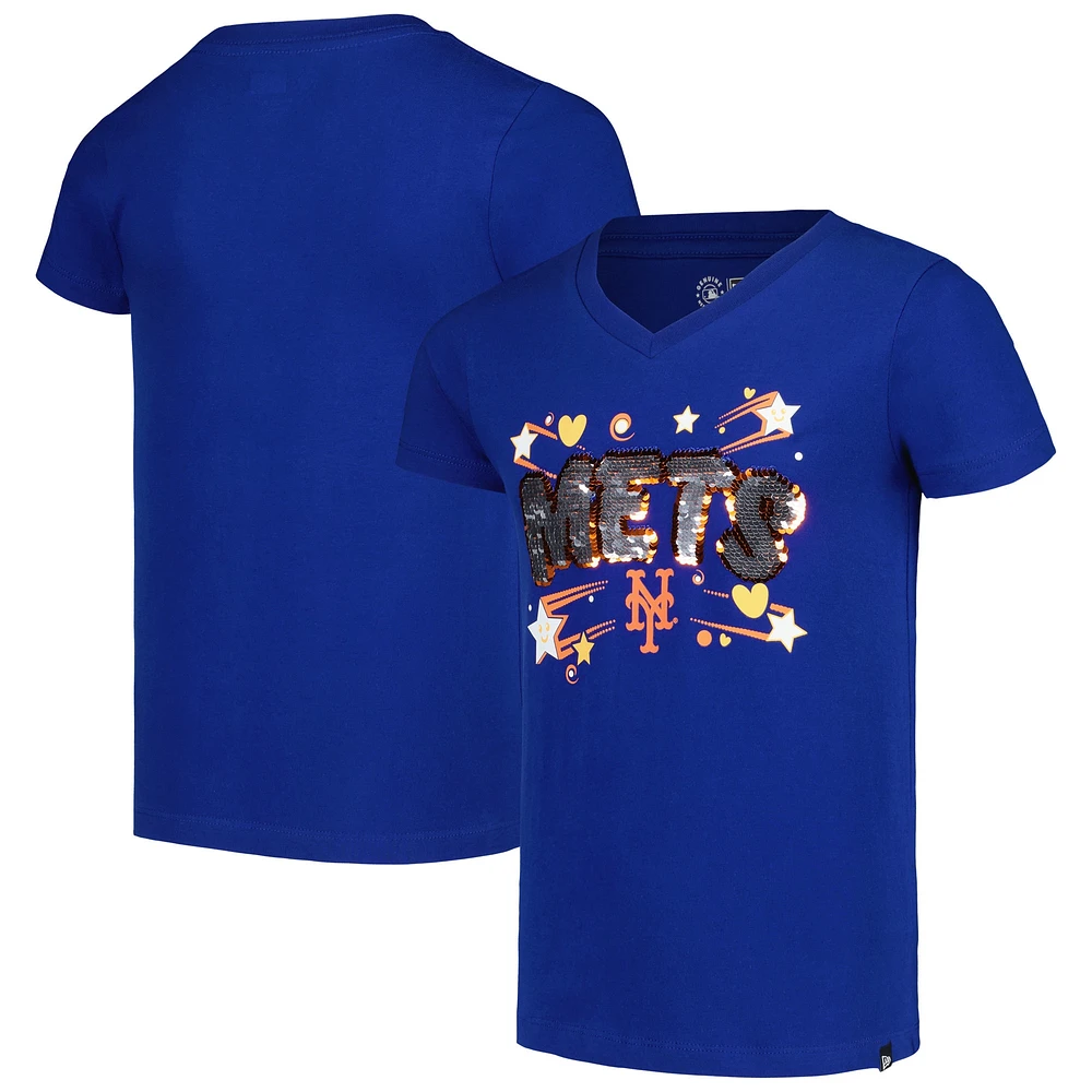 Girls Youth New Era Royal York Mets Sequin V-Neck T-Shirt