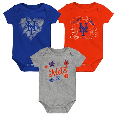 Ensemble de 3 bodys Batter Up pour bébé, bleu royal/orange/gris, New York Mets